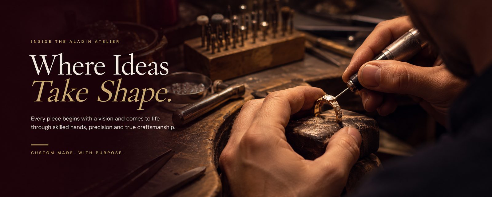 Inside the Aladin Atelier — Where Ideas Take Shape. A jeweler setting a stone in a gold ring by hand.