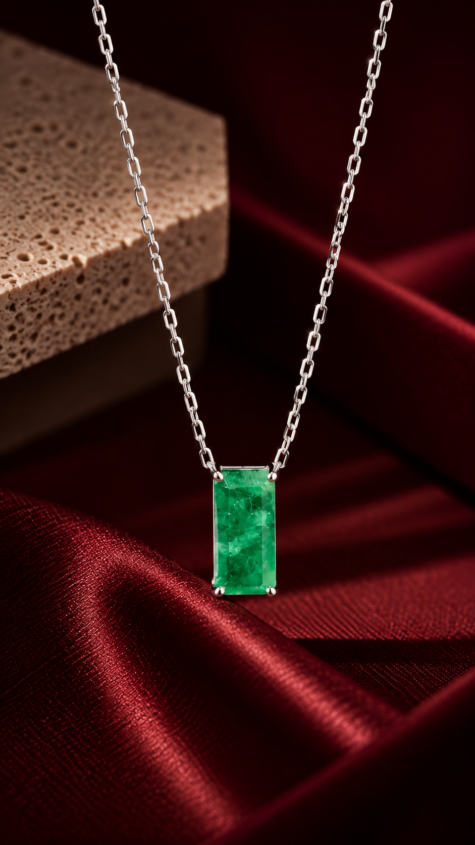 Custom silver necklace with natural emerald stone