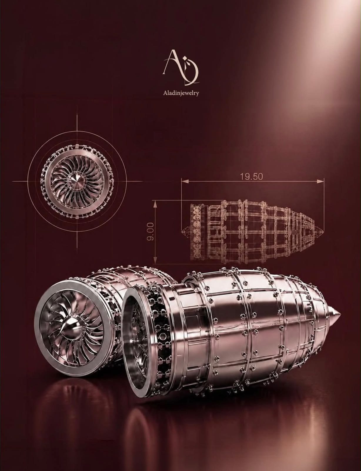 Custom airplane engine pendant designed by Aladin Jewelry for a pilot